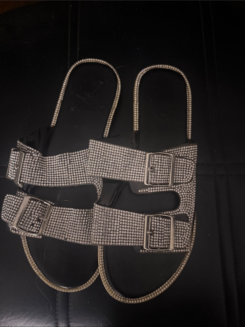 Rhinestone Double-Buckle Slide Sandals in Silver